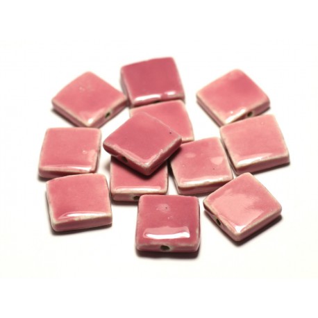 5pc - Perles Céramique Porcelaine Carrés 16-18mm Rose Corail Pêche - 8741140017054 
