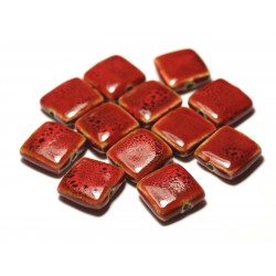 5pc - Perles Céramique Porcelaine Carrés 16-18mm Rouge tacheté - 8741140017115 