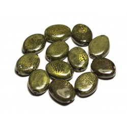 4pc - Perles Céramique Porcelaine Ovales 20-22mm Vert Olive Kaki Jaune Tacheté - 8741140017535 