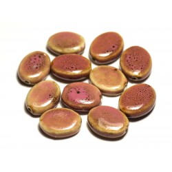 4pc - Perles Céramique Porcelaine Ovales 20-22mm Rose Bonbon Jaune Tacheté - 8741140017559 