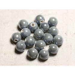 4pc - Perles Céramique Porcelaine Boules 14mm Gris clair irisé - 8741140014015 