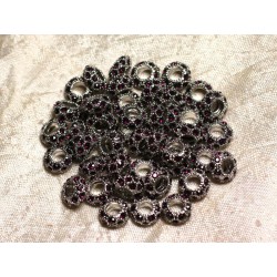 2pc - Perles rondelles 11mm gros trous - Métal Argenté Rhodium et Strass Verre Violet rose - 4558550015433 
