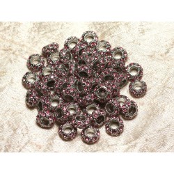2pc - Perles rondelles 11mm gros trous - Métal Argenté Rhodium et Strass Verre Rose clair - 4558550015471 