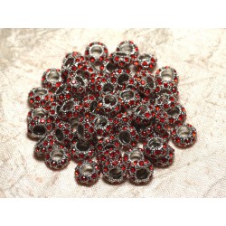 2pc - Perles rondelles 11mm gros trous - Métal Argenté Rhodium et Strass Verre Rouge - 4558550015518 