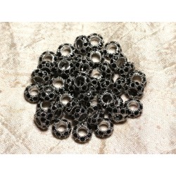 2pc - Perles rondelles 11mm gros trous - Métal Argenté Rhodium et Strass Verre Noir - 4558550015594 