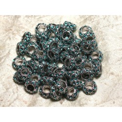 2pc - Perles rondelles 11mm gros trous - Métal Argenté Rhodium et Strass Verre Bleu Turquoise - 4558550009968 