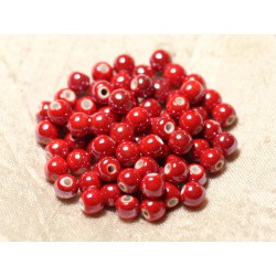 100pc - Perles Céramique Porcelaine Boules 6mm Rouge vif irisé 