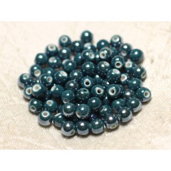 100pc - Perles Céramique Porcelaine Boules 6mm Bleu Vert Canard Paon Pétrole irisé 