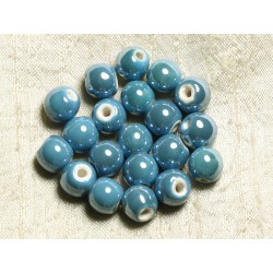 100pc - Perles Céramique Porcelaine Rondes irisées 10mm Bleu Turquoise 