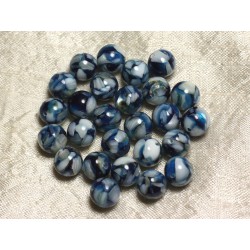 Fil 39cm 37pc env - Perles Nacre et résine Boules 10mm Bleu et Blanc 