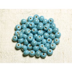 100pc - Perles Céramique Porcelaine Rondes 6mm Bleu turquoise irisé 