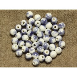 100pc - Perles Céramique Porcelaine Rondes 6mm Blanc et Bleu Lavande 
