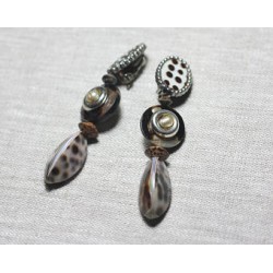 Boucles d'Oreilles Clips Résine CCB Nacre Coquillage Bois pendantes 83mm - Ethnique Vintage designer francais - 8741140026513
