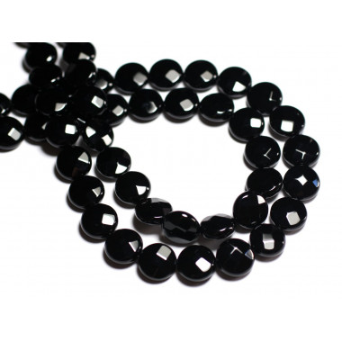Fil 39cm 37pc environ - Perles Pierre - Onyx noir ronds plats palet facettés 10mm